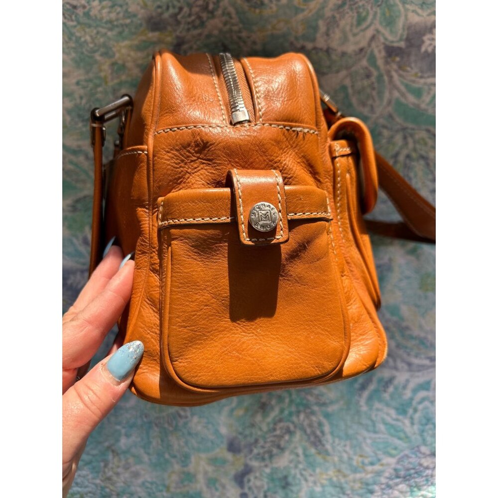 Vintage Michal Kors Cognac Leather Satchel-Buckle Pocket Detail - Picture 6 of 8
